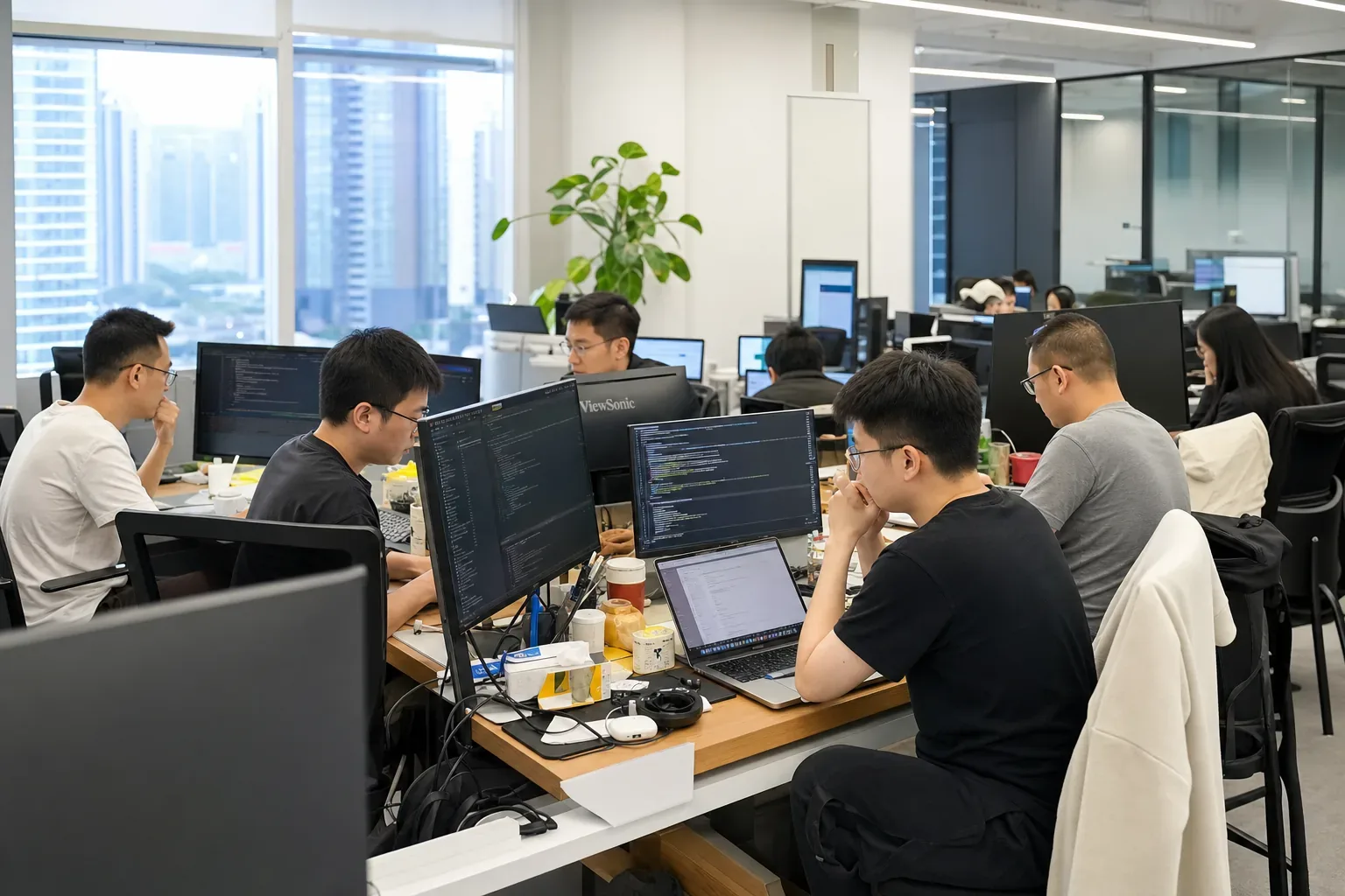 红数科技技术成员在电脑前进行代码开发