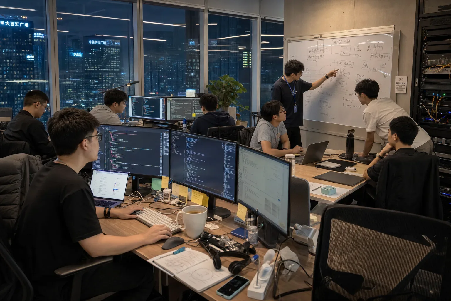 红数科技团队在白板前进行项目方案讨论