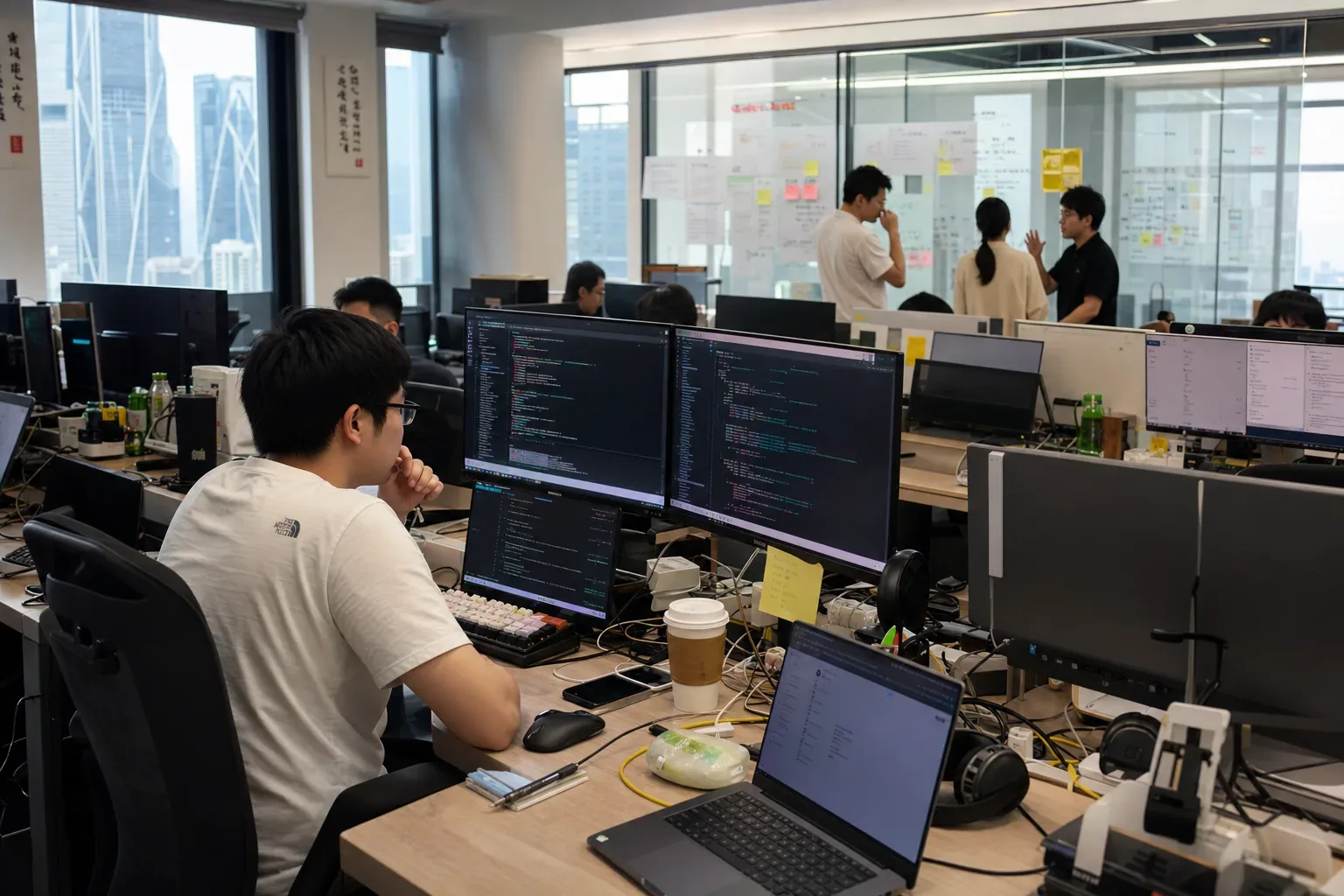 红数科技成员在办公区沟通项目需求