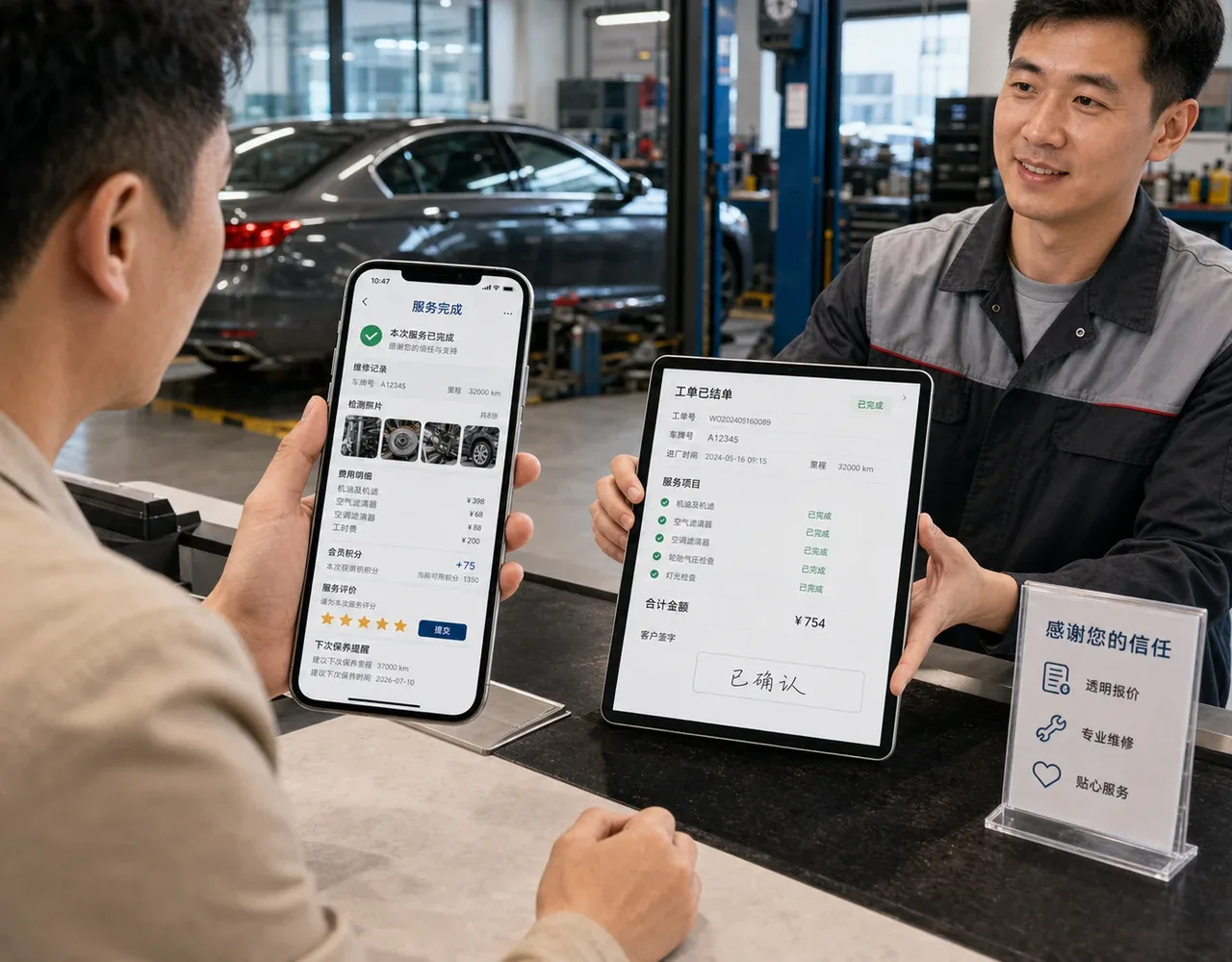 车主通过汽修小程序查看服务完成记录费用和评价