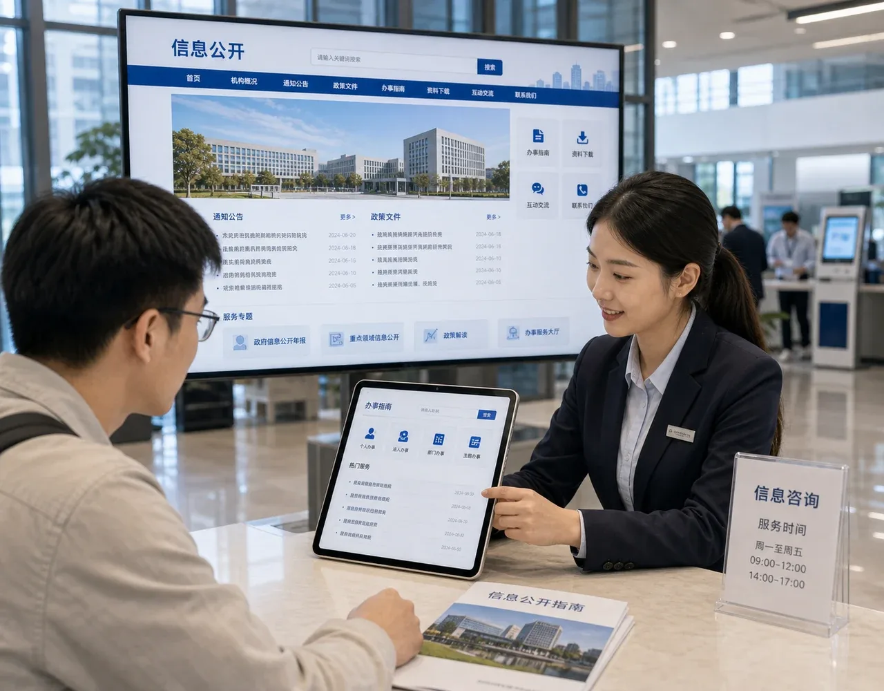 信息公开网站在园区服务大厅提供公告政策和办事指南查询