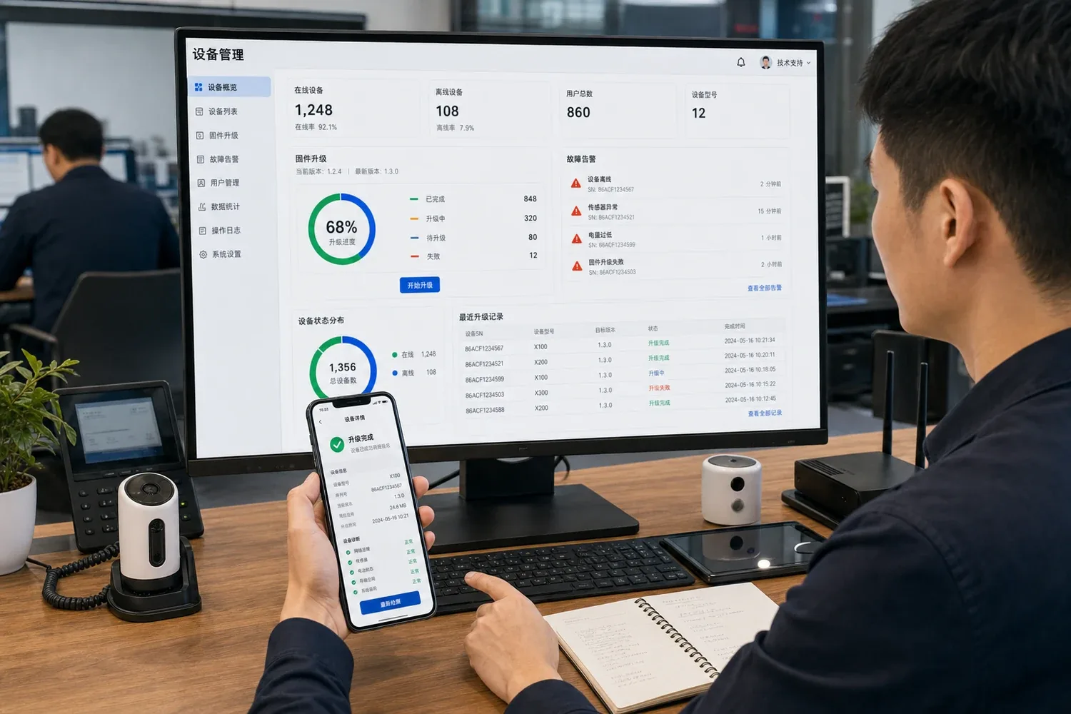 技术支持人员通过设备后台执行固件升级和故障诊断